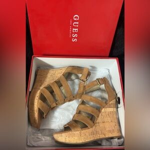 GUESS Tan Strappy Cork Wedge Sandals